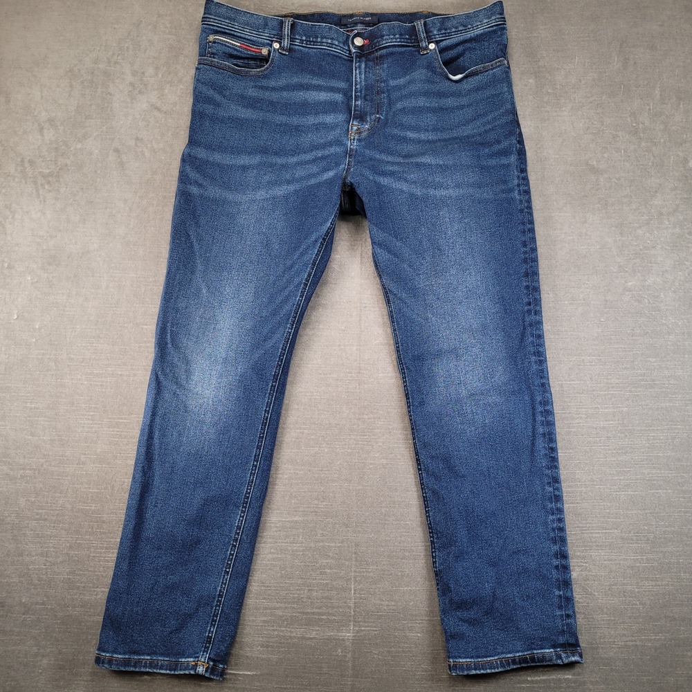 Tommy Hilfiger Jeans Mens 38x30 Blue Straight Leg Stretch Denim Classic Logo